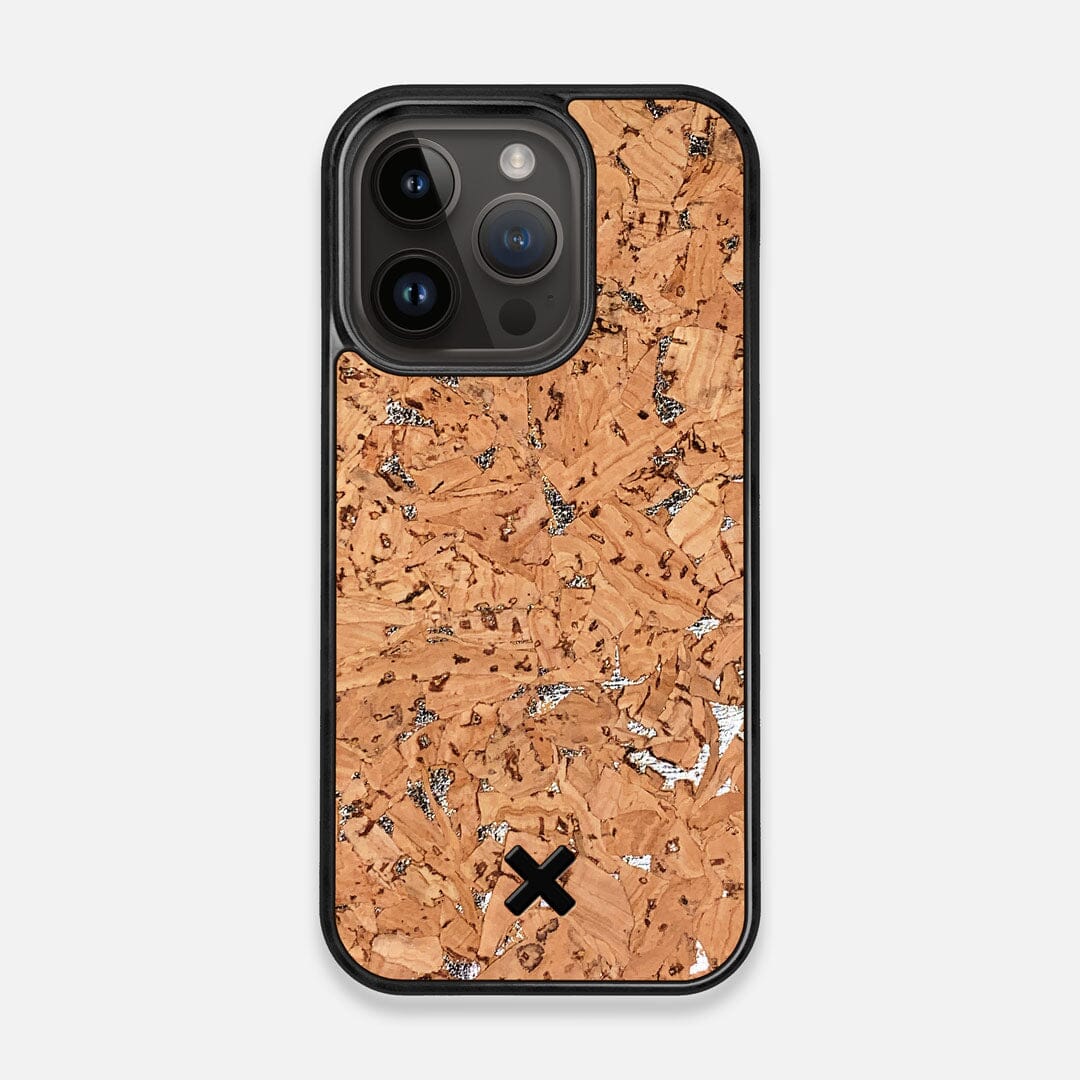 Front view of the silver fleck natural cork iPhone 14 Pro MagSafe Case by Keyway Designs