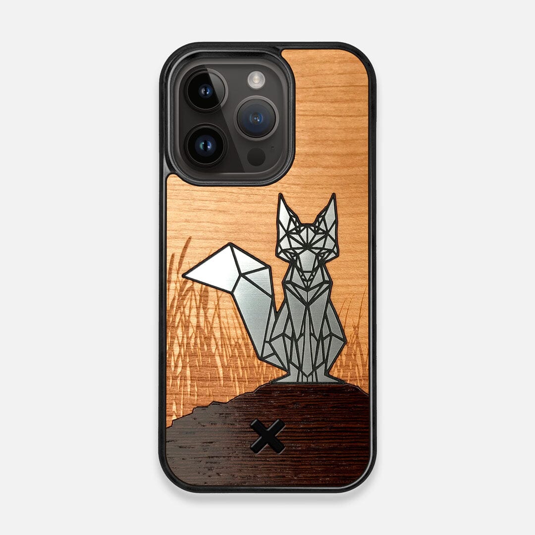 Front view of the Silver Fox & Cherry Wood iPhone 14 Pro MagSafe Case by Keyway Designs