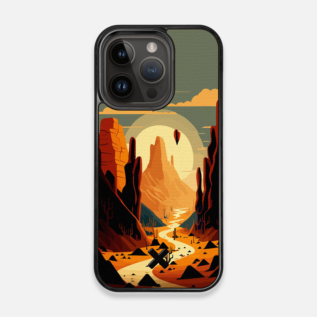 Front view of the stylized thin river cutting deep through a canyon sunset printed on cotton canvas iPhone 14 Pro MagSafe Case by Keyway Designs