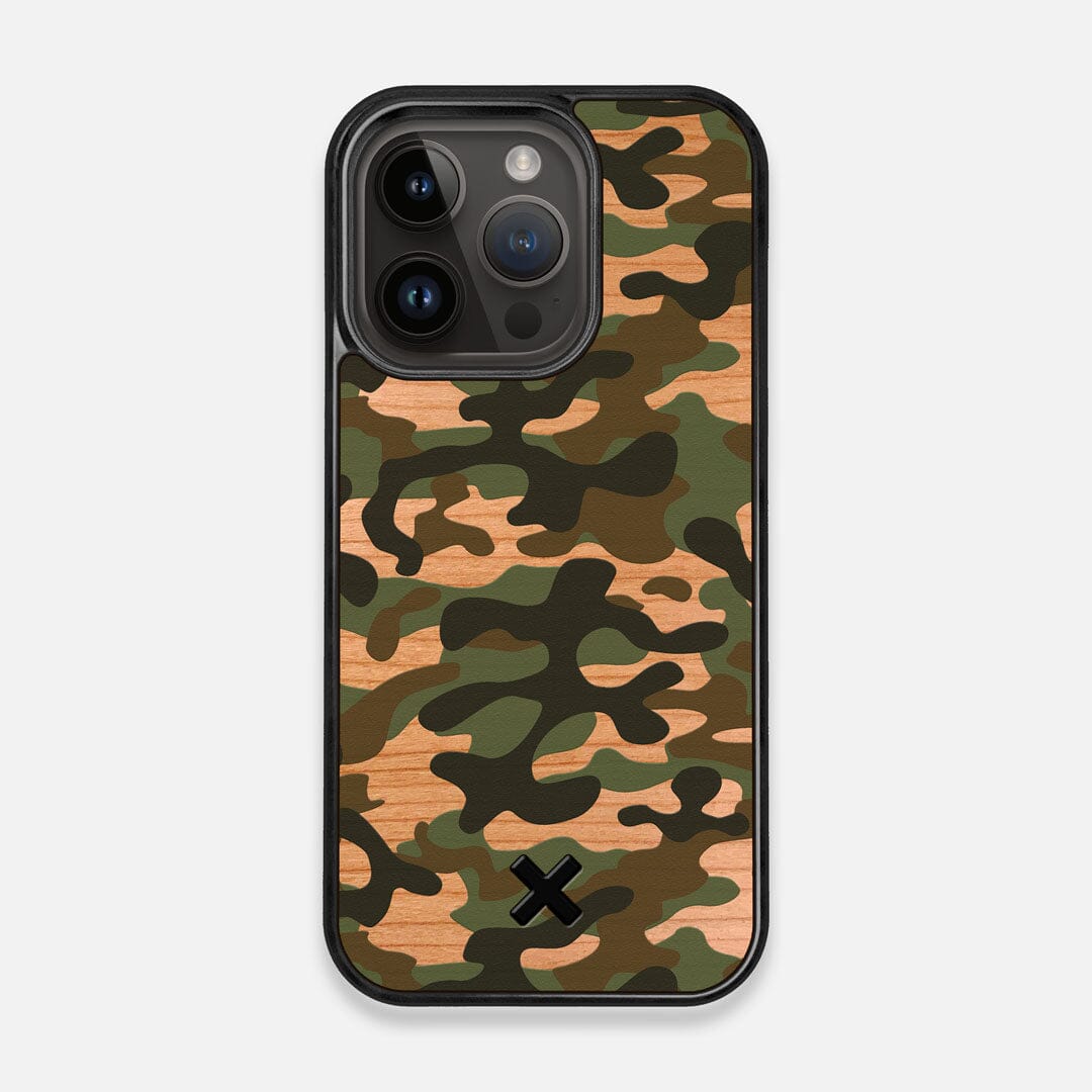 Front view of the stealth Paratrooper camo printed Wenge Wood iPhone 14 Pro MagSafe Case by Keyway Designs