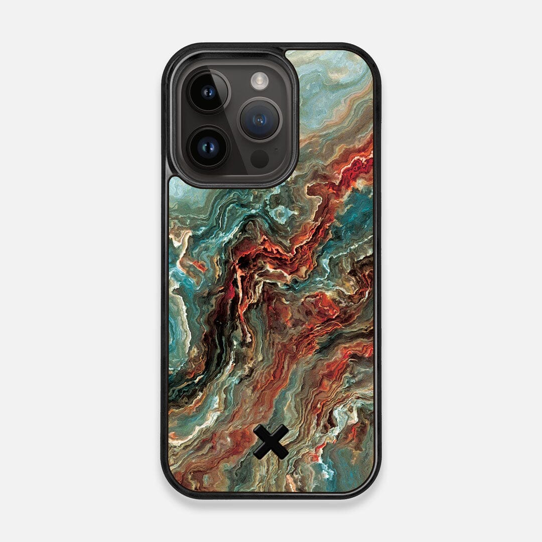 Front view of the vibrant and rich Red & Green flowing marble pattern printed Wenge Wood iPhone 14 Pro MagSafe Case by Keyway Designs