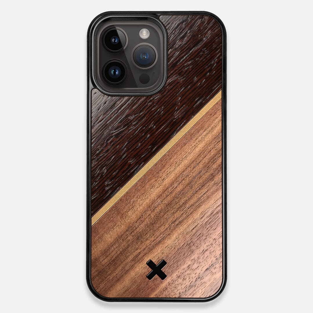 Front view of the Alium Walnut, Gold, and Wenge Elegant Wood iPhone 15 Pro Max MagSafe Case by Keyway Designs