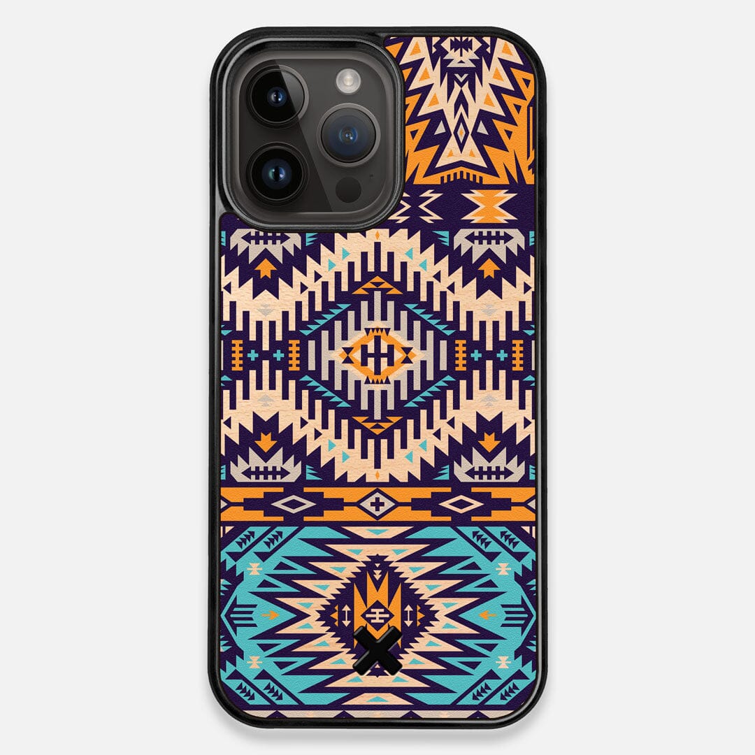 Front view of the vibrant Aztec printed Maple Wood iPhone 14 Pro Max MagSafe Case by Keyway Designs