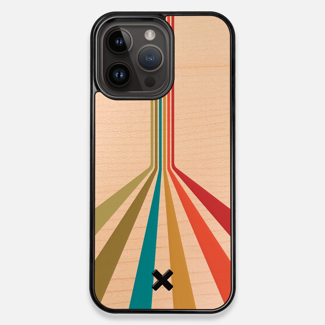 Front view of the array of colour beams splitting across the MagSafe Case printed on Maple wood iPhone 15 Pro Max MagSafe Case by Keyway Designs
