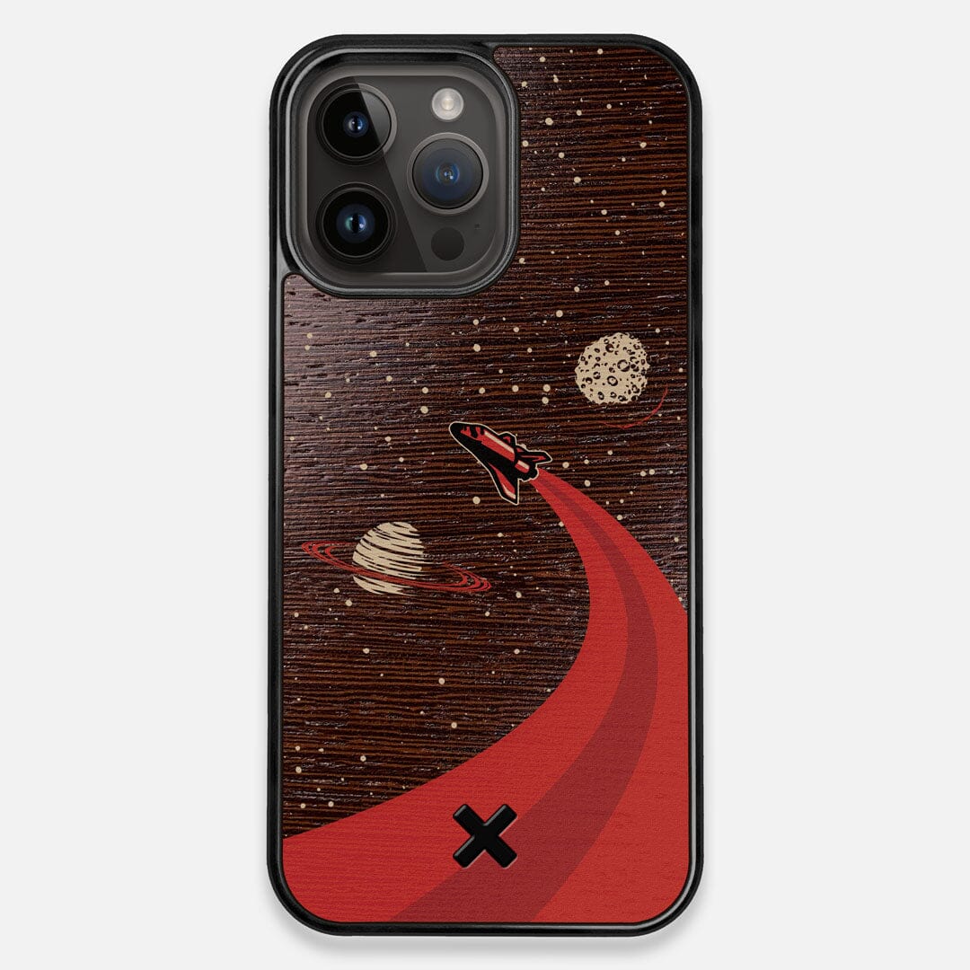 Front view of the stylized space shuttle boosting to saturn printed on Wenge wood iPhone 14 Pro Max MagSafe Case by Keyway Designs