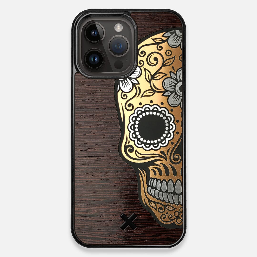 Front view of the Calavera Wood Sugar Skull Wood iPhone 14 Pro Max MagSafe Case by Keyway Designs