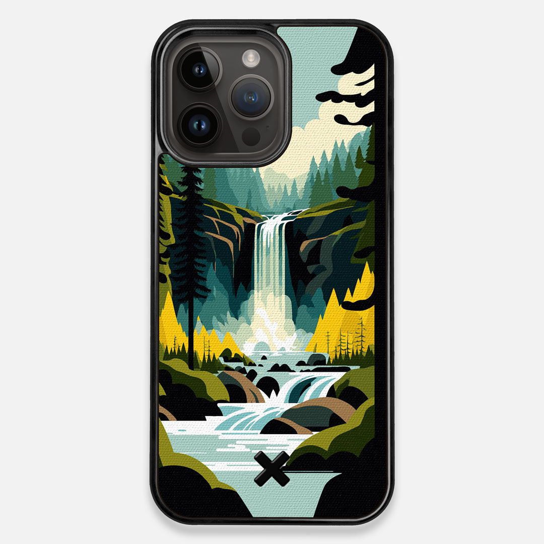 Front view of the stylized peaceful forest waterfall making it's way through the rocks printed to cotton canvas iPhone 14 Pro Max MagSafe Case by Keyway Designs