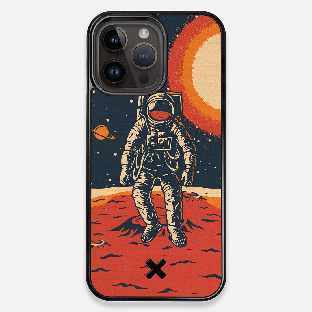 Front view of the stylized astronaut space-walk print on Cherry wood iPhone 14 Pro Max MagSafe Case by Keyway Designs