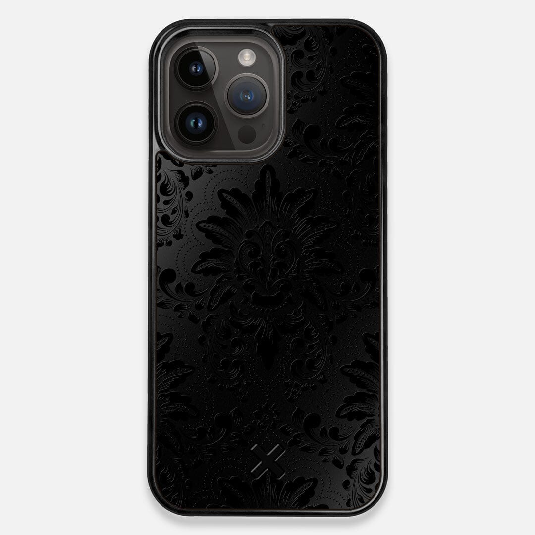 Front view of the detailed gloss Damask pattern printed on matte black impact acrylic iPhone 14 Pro Max MagSafe Case by Keyway Designs