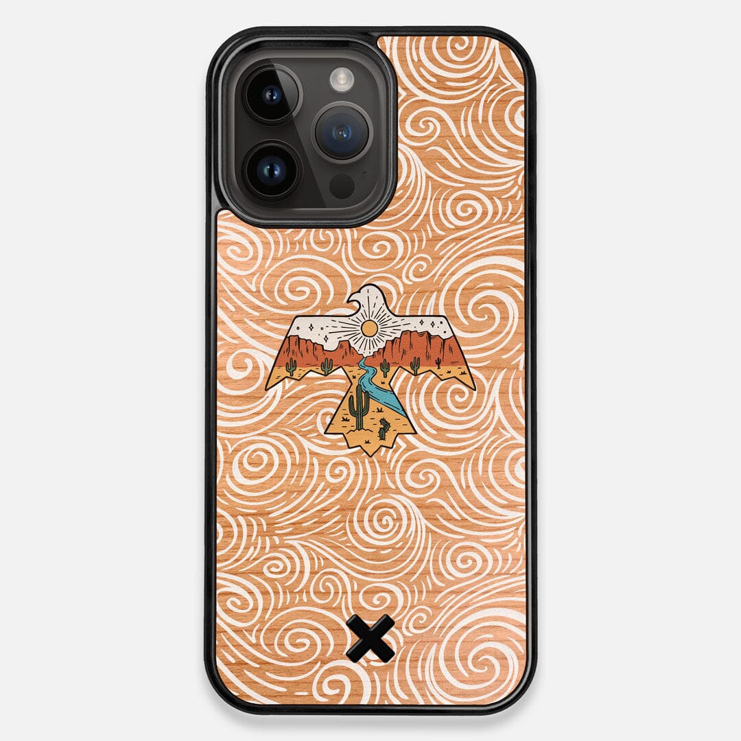 Front view of the double-exposure style eagle over flowing gusts of wind printed on Cherry wood iPhone 14 Pro Max MagSafe Case by Keyway Designs