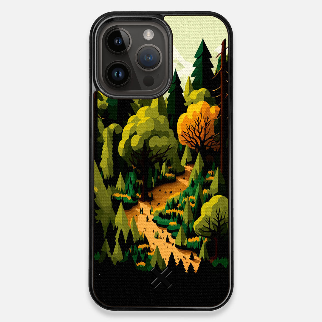 Front view of the stylized quiet forest path making it's way through the evergreen trees printed to cotton canvas iPhone 14 Pro Max MagSafe Case by Keyway Designs