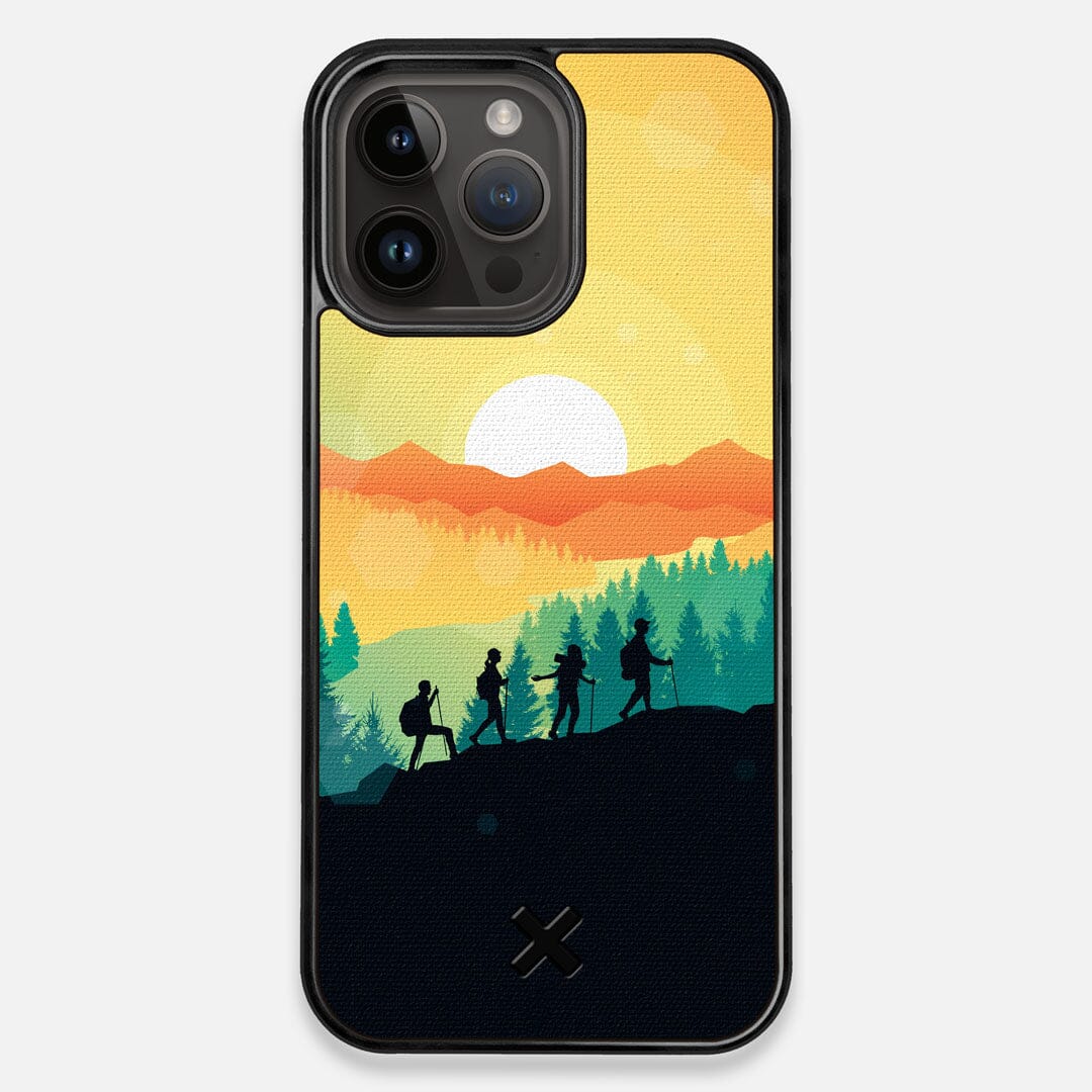 Front view of the stylized group of travellers on an expedition in the mountains printed to cotton canvas iPhone 15 Pro Max MagSafe Case by Keyway Designs