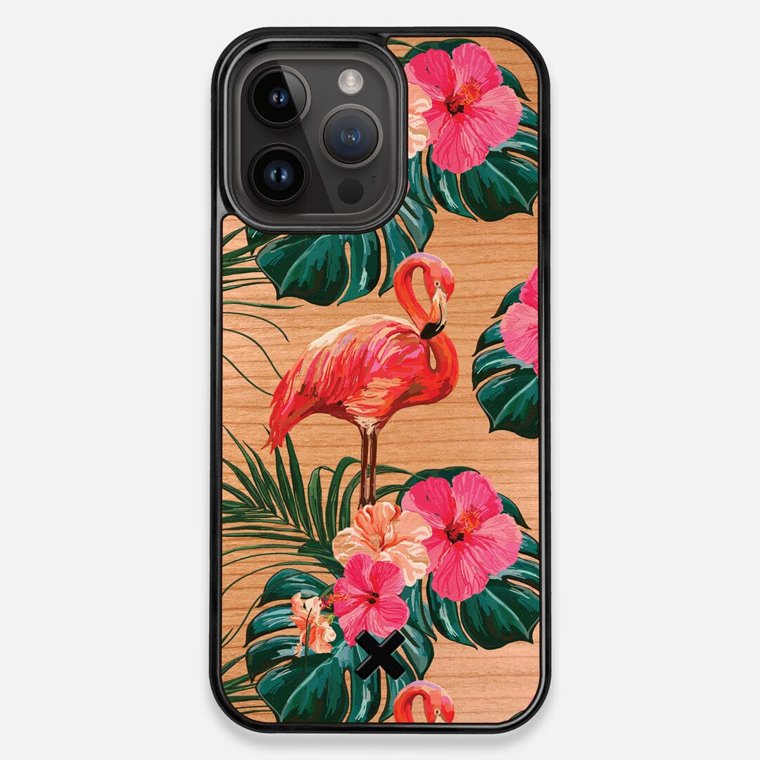 Front view of the Flamingo & Floral printed Cherry Wood iPhone 14 Pro Max MagSafe Case by Keyway Designs