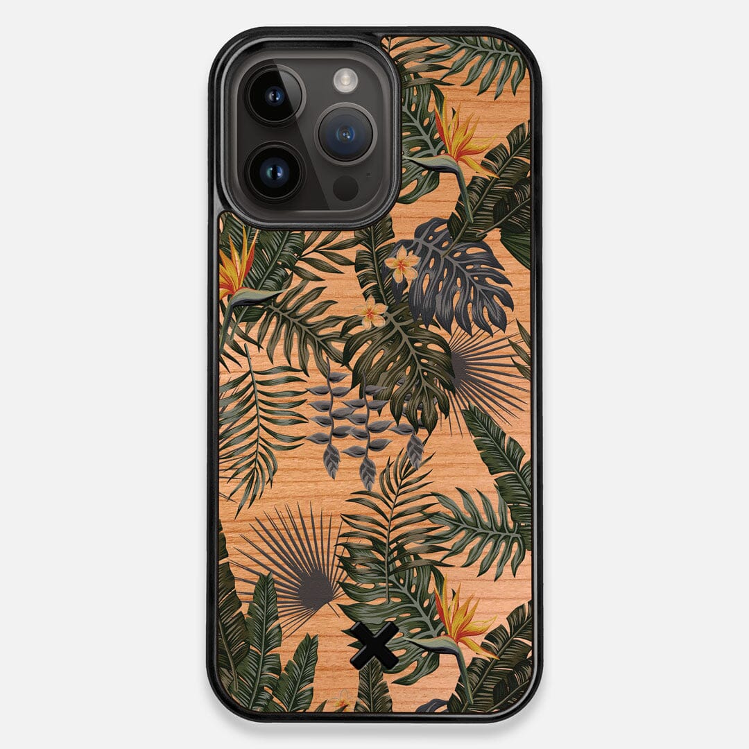 Front view of the Floral tropical leaf printed Cherry Wood iPhone 14 Pro Max MagSafe Case by Keyway Designs