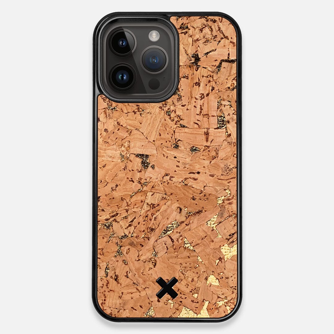 Front view of the gold fleck natural cork iPhone 14 Pro Max MagSafe Case by Keyway Designs