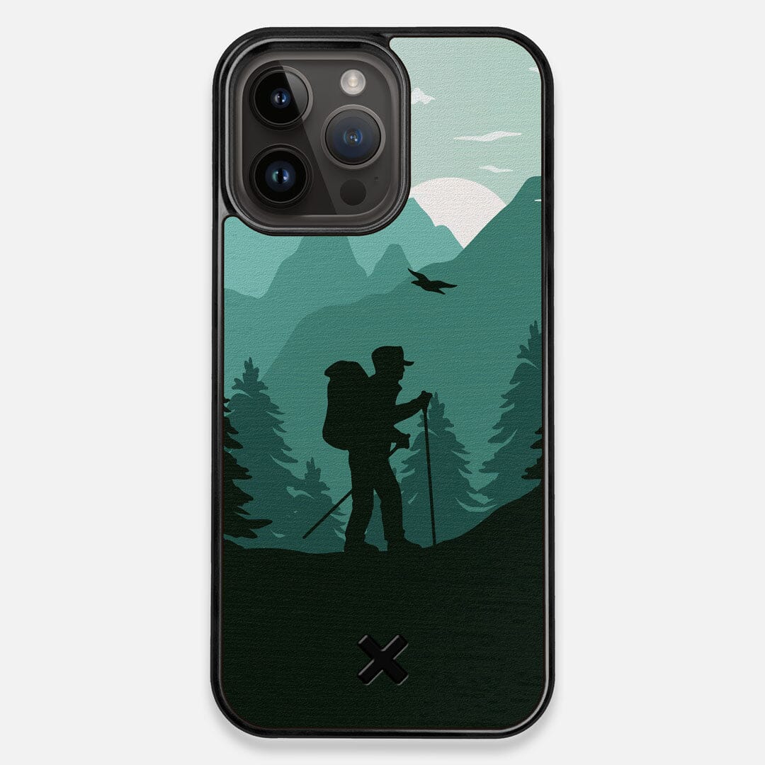 Front view of the stylized mountain hiker print on Wenge wood iPhone 14 Pro Max MagSafe Case by Keyway Designs
