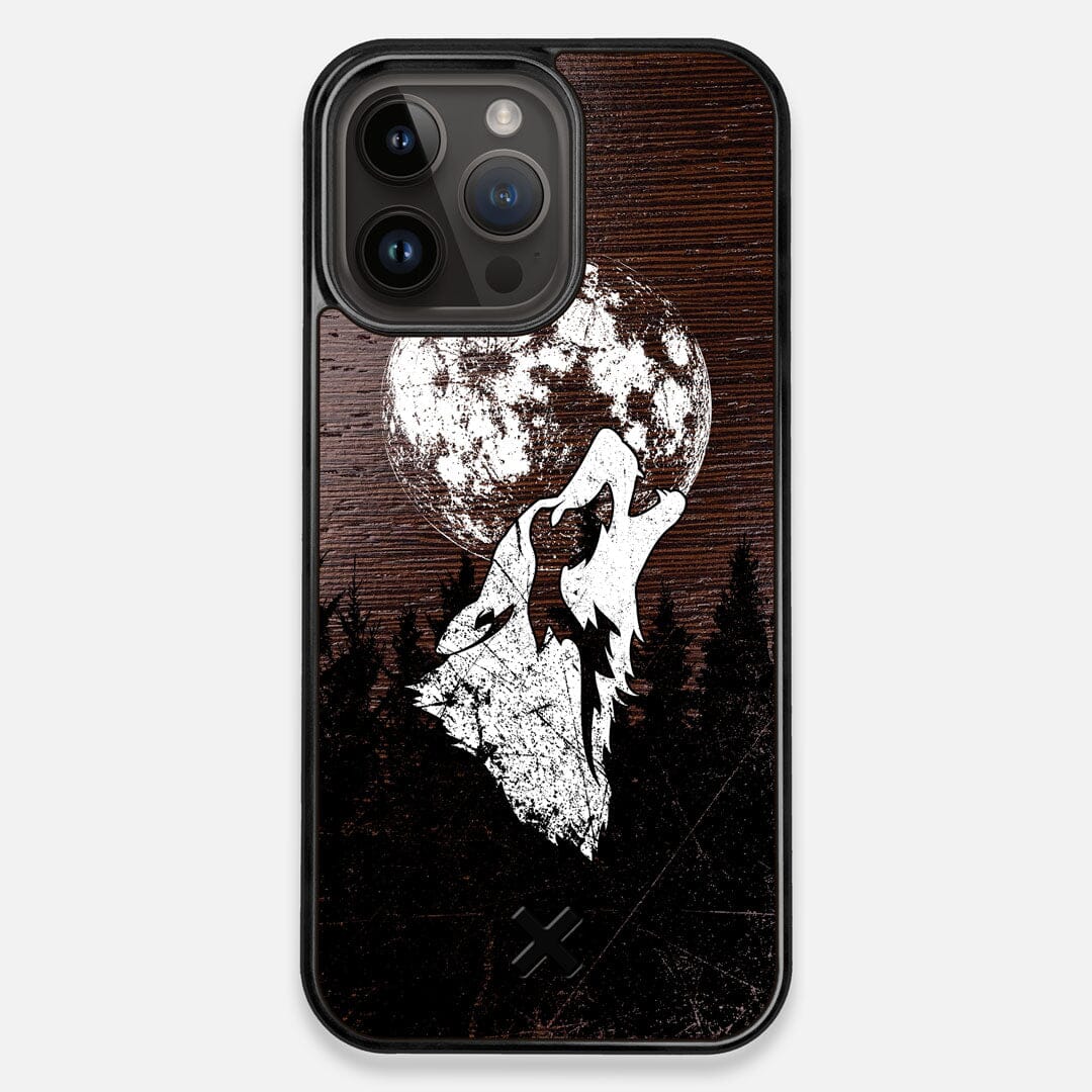Front view of the high-contrast howling wolf on a full moon printed on a Wenge Wood iPhone 14 Pro Max MagSafe Case by Keyway Designs
