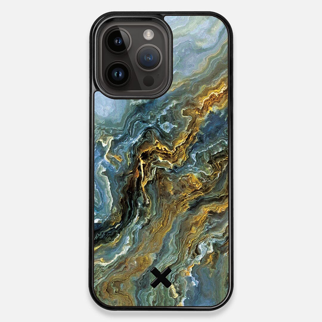 Front view of the vibrant and rich Blue & Gold flowing marble pattern printed Wenge Wood iPhone 15 Pro Max MagSafe Case by Keyway Designs