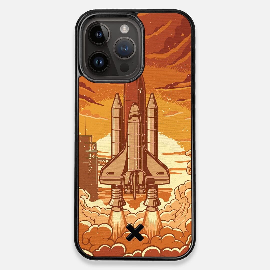 Front view of the vibrant stylized space shuttle launch print on Wenge wood iPhone 14 Pro Max MagSafe Case by Keyway Designs