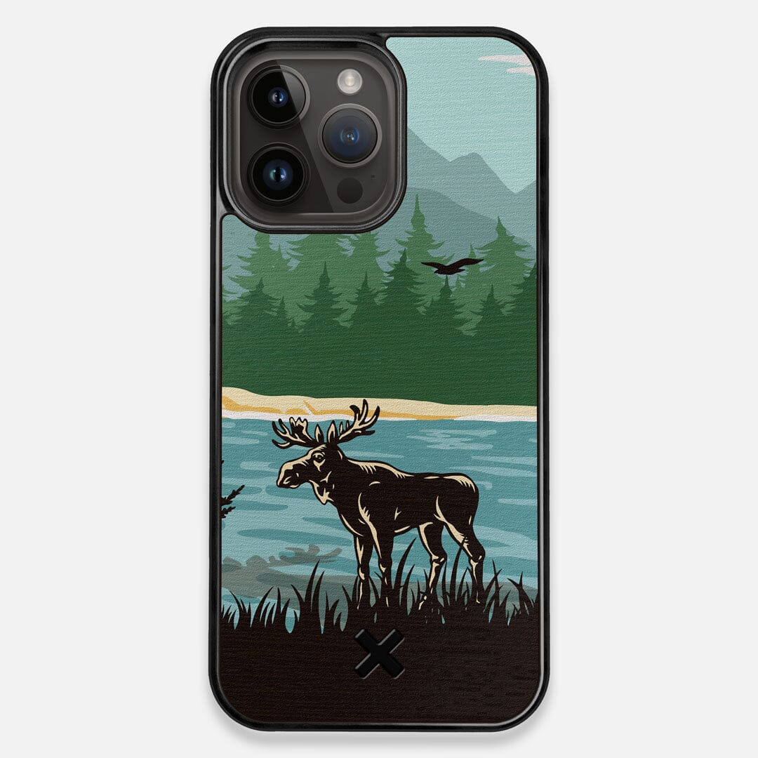 Front view of the stylized bull moose forest print on Wenge wood iPhone 14 Pro Max MagSafe Case by Keyway Designs