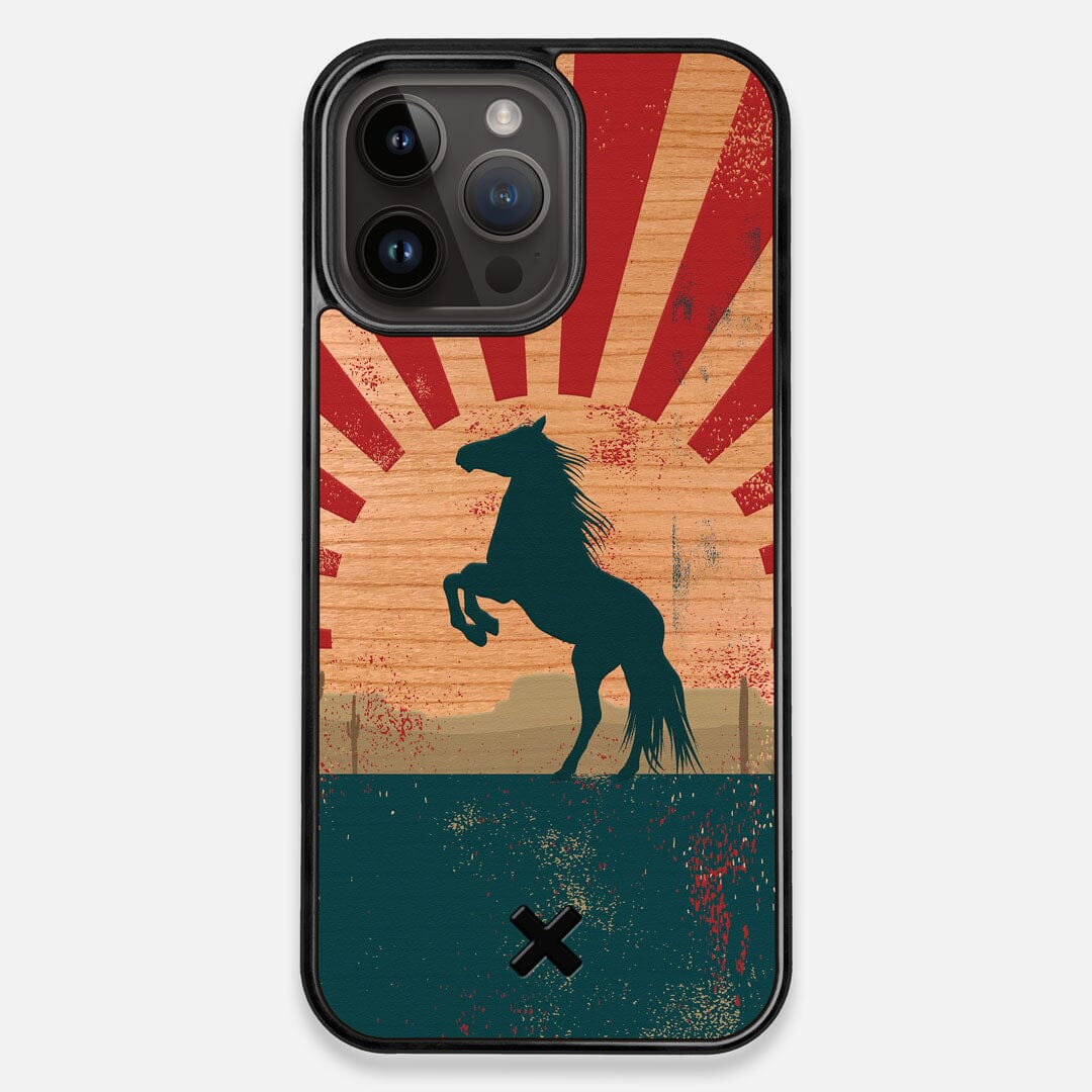 Front view of the epic mustang rearing up printed on Cherry wood iPhone 14 Pro Max MagSafe Case by Keyway Designs