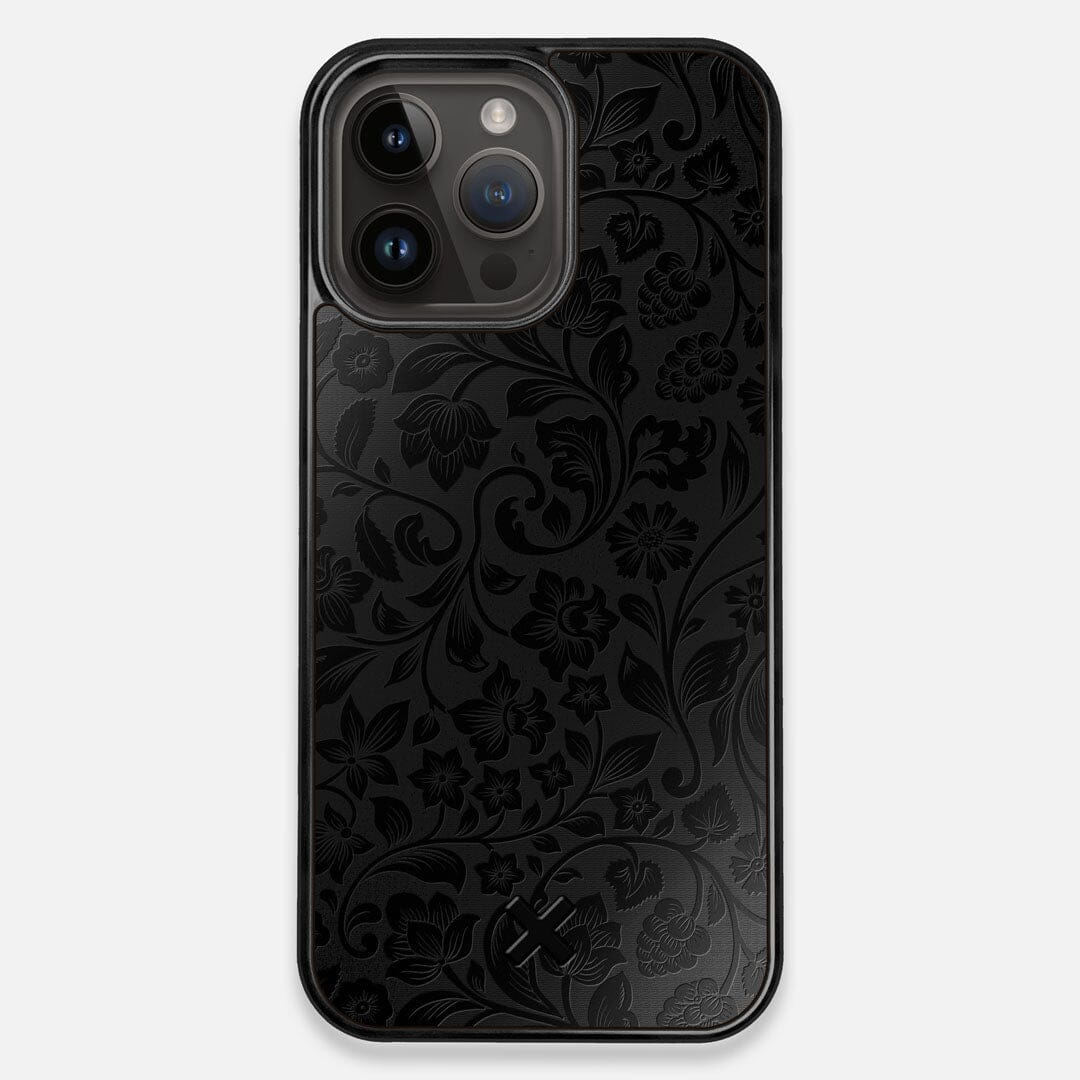 Front view of the highly detailed midnight floral engraving on matte black impact acrylic iPhone 14 Pro Max MagSafe Case by Keyway Designs