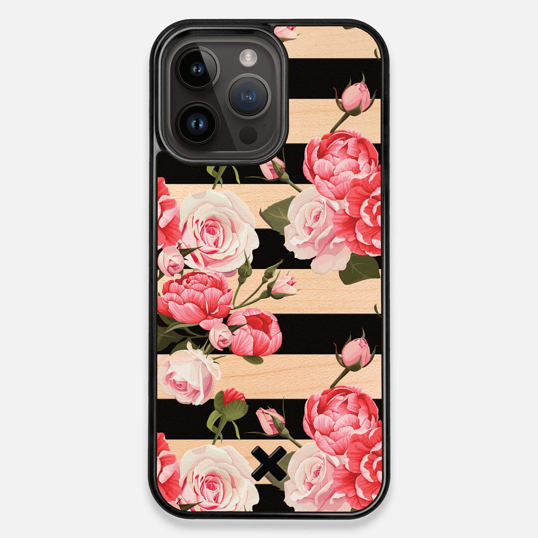 Front view of the artsy print of stripes with peonys and roses on Maple wood iPhone 14 Pro Max MagSafe Case by Keyway Designs