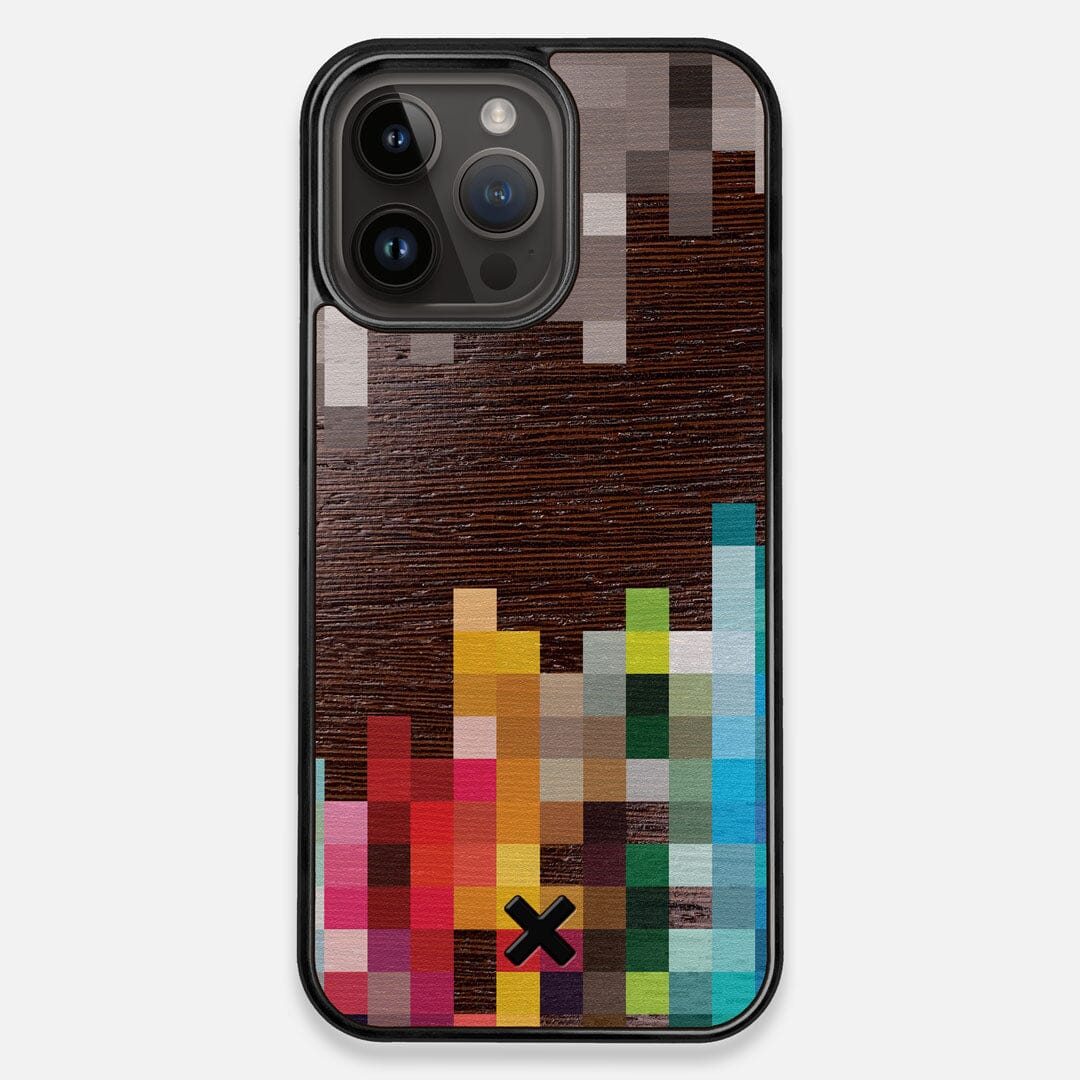Front view of the digital art inspired pixelation design on Wenge wood iPhone 15 Pro Max MagSafe Case by Keyway Designs