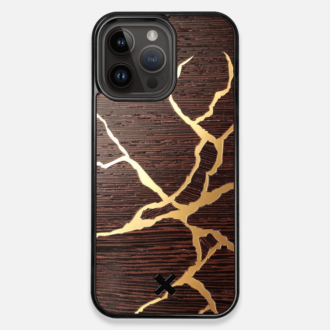 Front view of the Kintsugi inspired Gold and Wenge Wood iPhone 14 Pro Max MagSafe Case by Keyway Designs