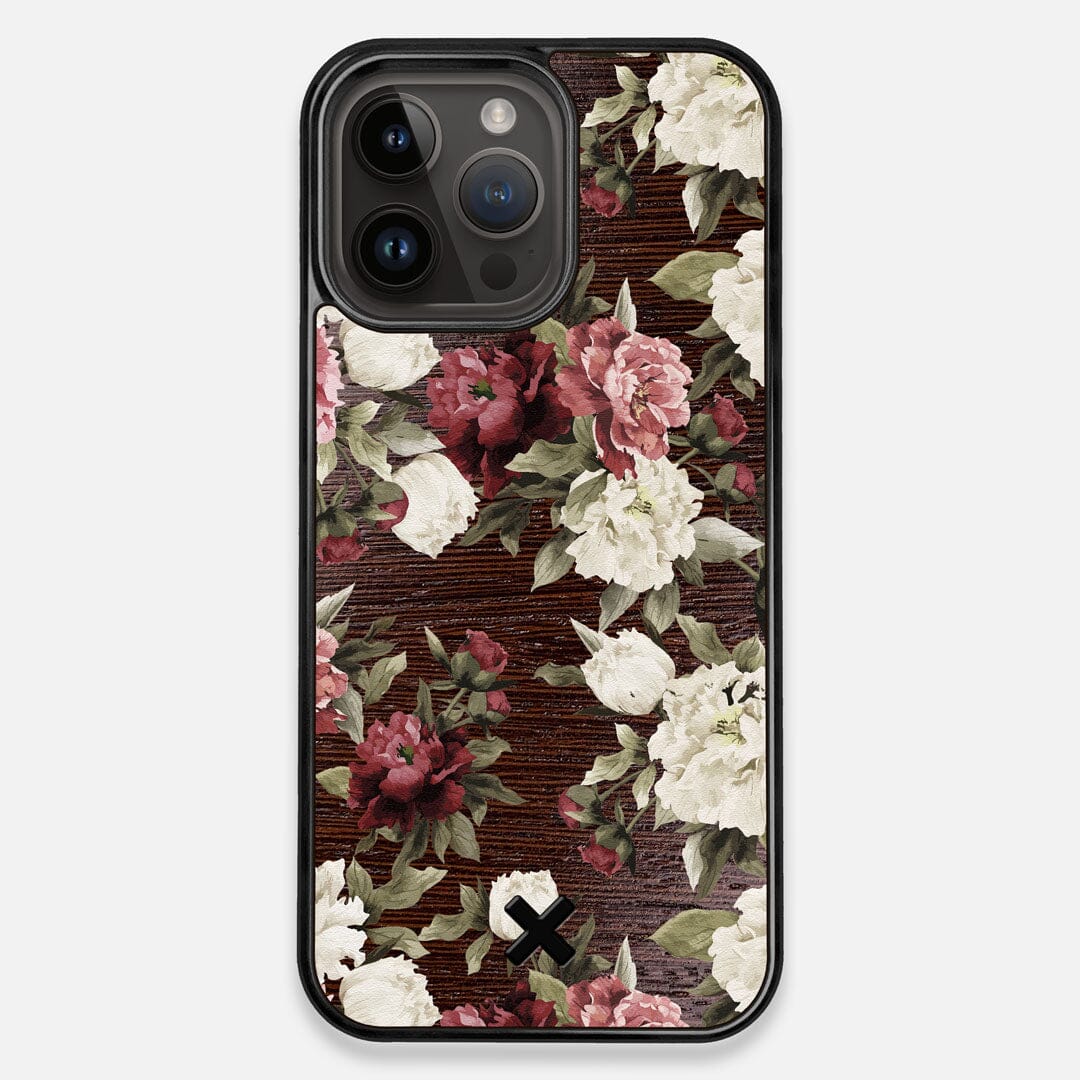 Front view of the Rose white and red rose printed Wenge Wood iPhone 14 Pro Max MagSafe Case by Keyway Designs