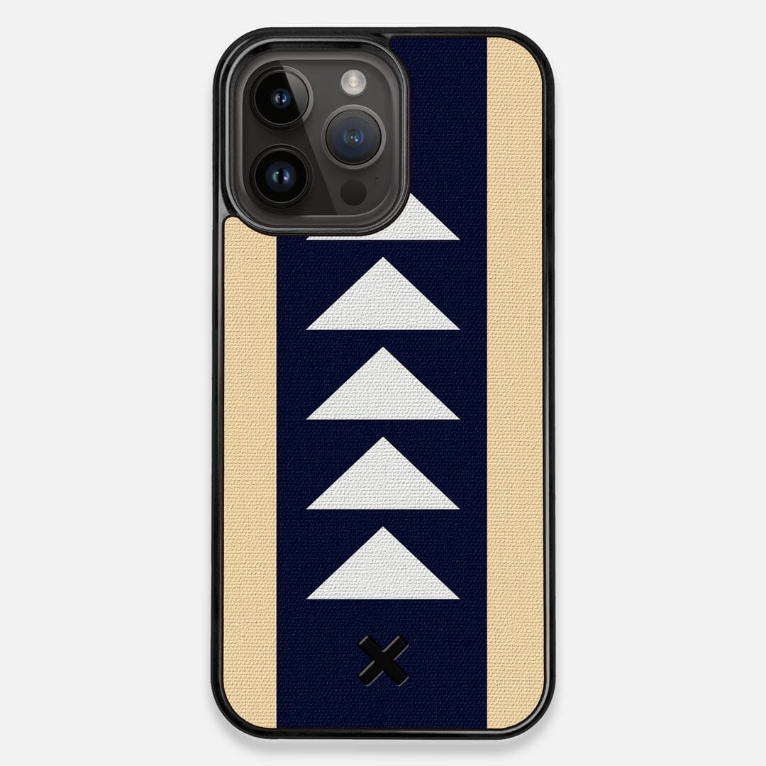 Front view of the Track Adventure Marker in the Wayfinder series UV-Printed thick cotton canvas iPhone 14 Pro Max MagSafe Case by Keyway Designs