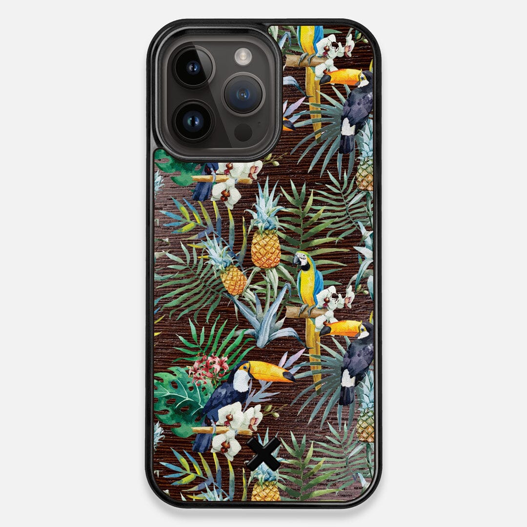 Front view of the Tropic Toucan and leaf printed Wenge Wood iPhone 14 Pro Max MagSafe Case by Keyway Designs