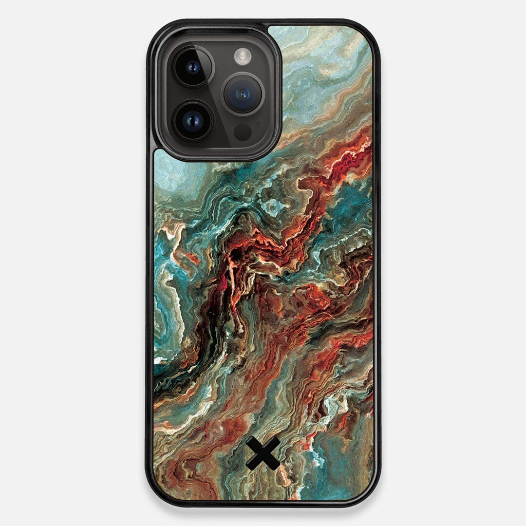Front view of the vibrant and rich Red & Green flowing marble pattern printed Wenge Wood iPhone 14 Pro Max MagSafe Case by Keyway Designs