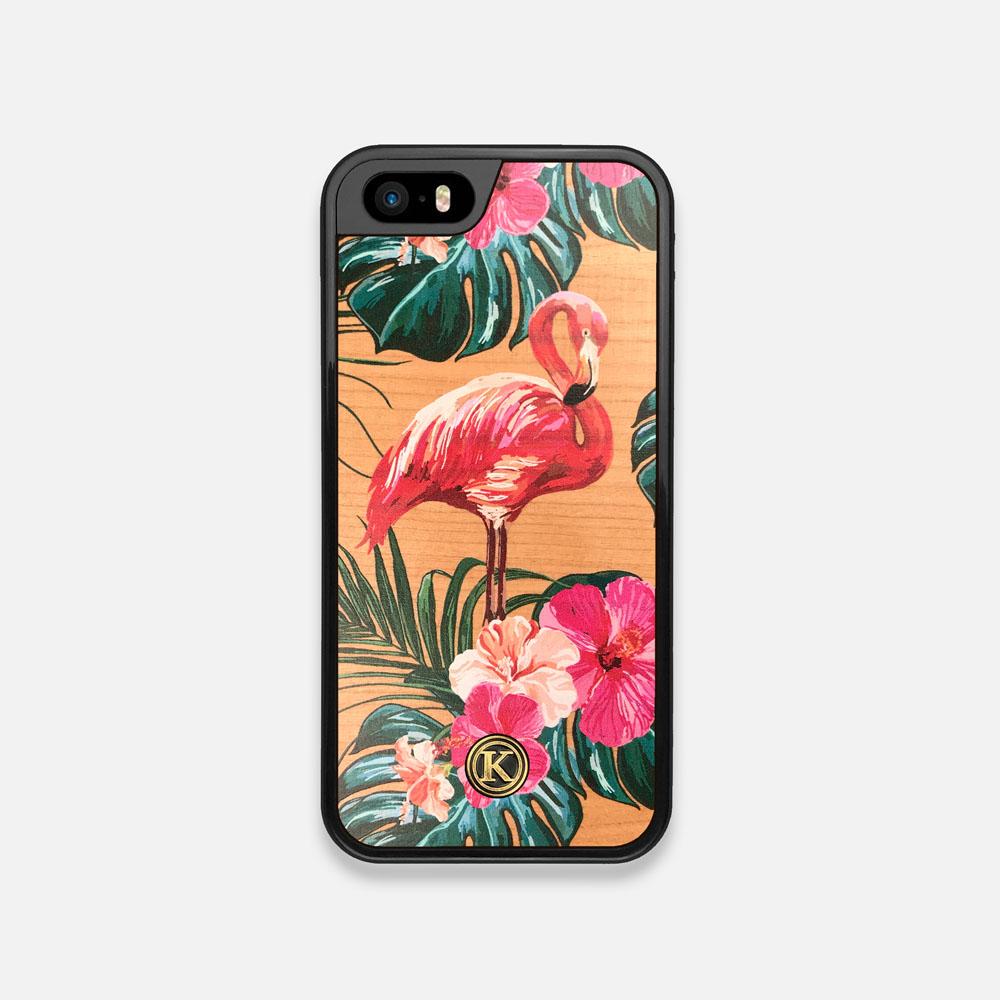 Front view of the Flamingo & Floral printed Cherry Wood iPhone 5 Case by Keyway Designs