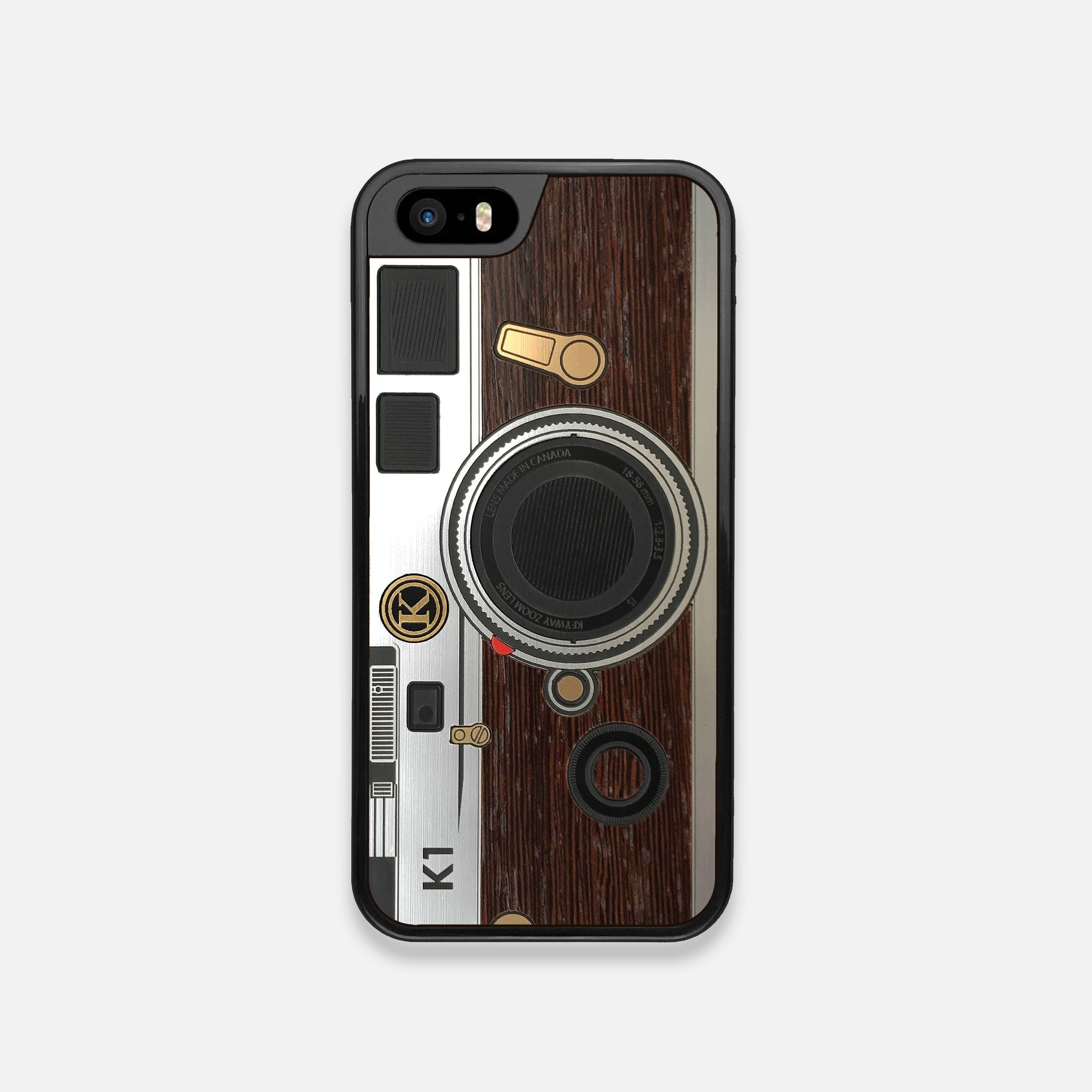 Front view of the classic Camera, silver metallic and wood iPhone 5 Case by Keyway Designs