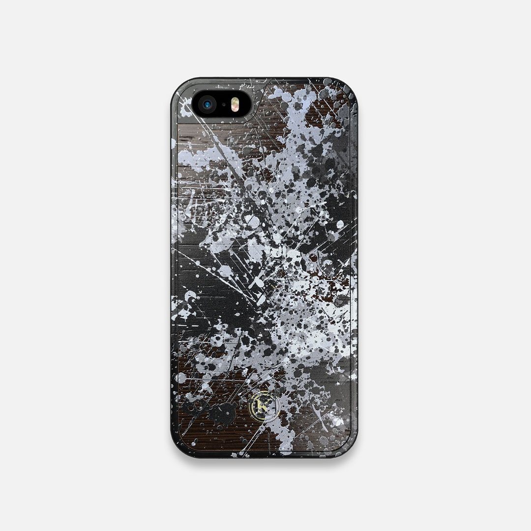 Front view of the aggressive, monochromatic splatter pattern overprintedprinted Wenge Wood iPhone 5 Case by Keyway Designs