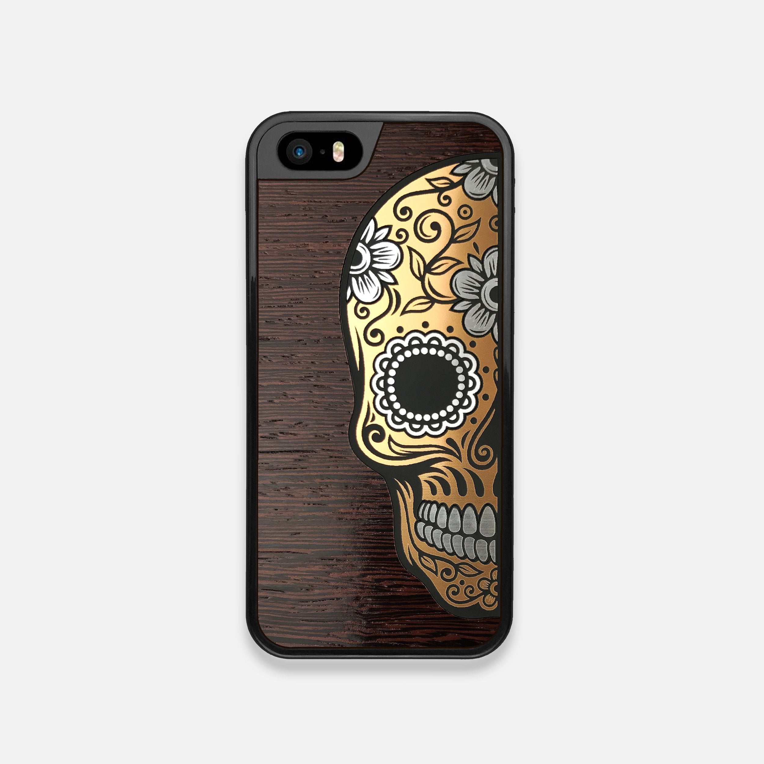 Front view of the Calavera Wood Sugar Skull Wood iPhone 5 Case by Keyway Designs