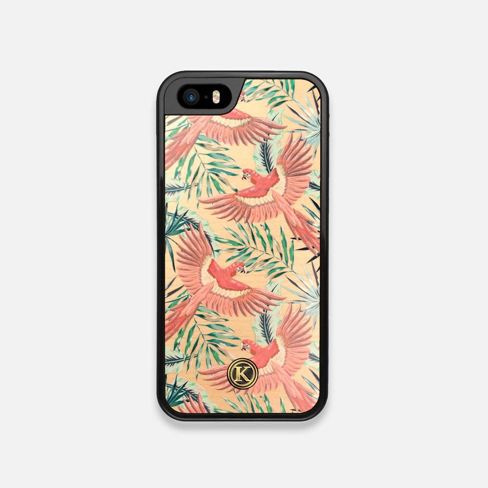 Front view of the Paradise Macaw and Tropical Leaf printed Maple Wood iPhone 5 Case by Keyway Designs