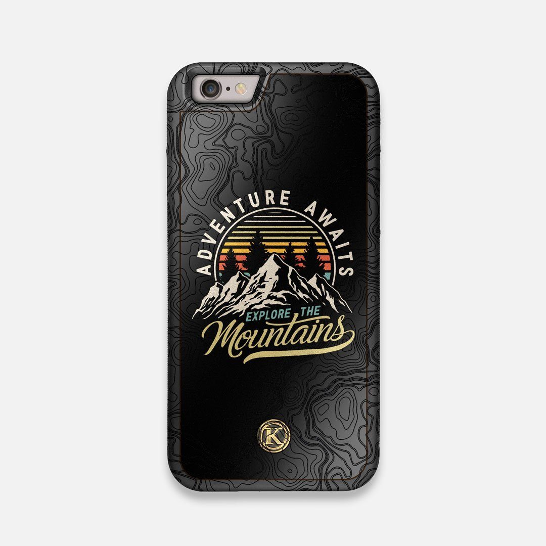 Front view of the crisp topographical map with Explorer badge printed on matte black impact acrylic iPhone 6 Case by Keyway Designs