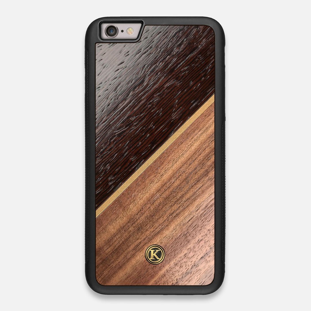 Front view of the Alium Walnut, Gold, and Wenge Elegant Wood iPhone 6 Plus Case by Keyway Designs