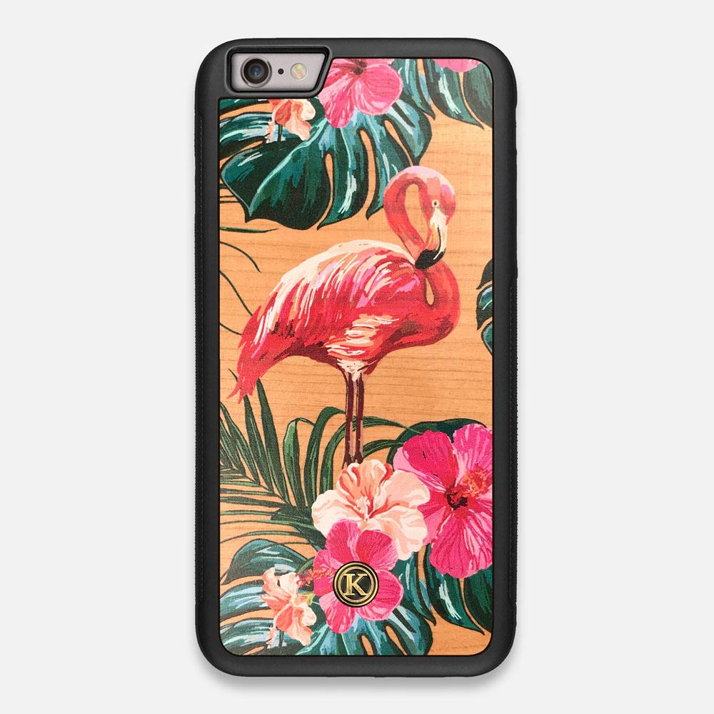 Front view of the Flamingo & Floral printed Cherry Wood iPhone 6 Plus Case by Keyway Designs