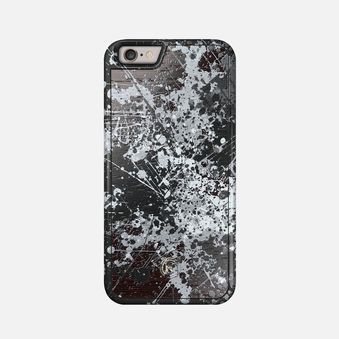 Front view of the aggressive, monochromatic splatter pattern overprintedprinted Wenge Wood iPhone 6 Case by Keyway Designs