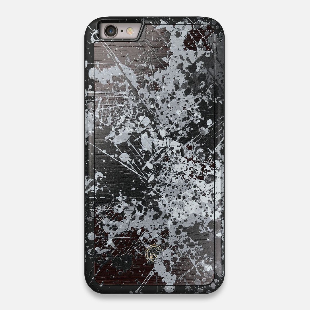 Front view of the aggressive, monochromatic splatter pattern overprintedprinted Wenge Wood iPhone 6 Plus Case by Keyway Designs
