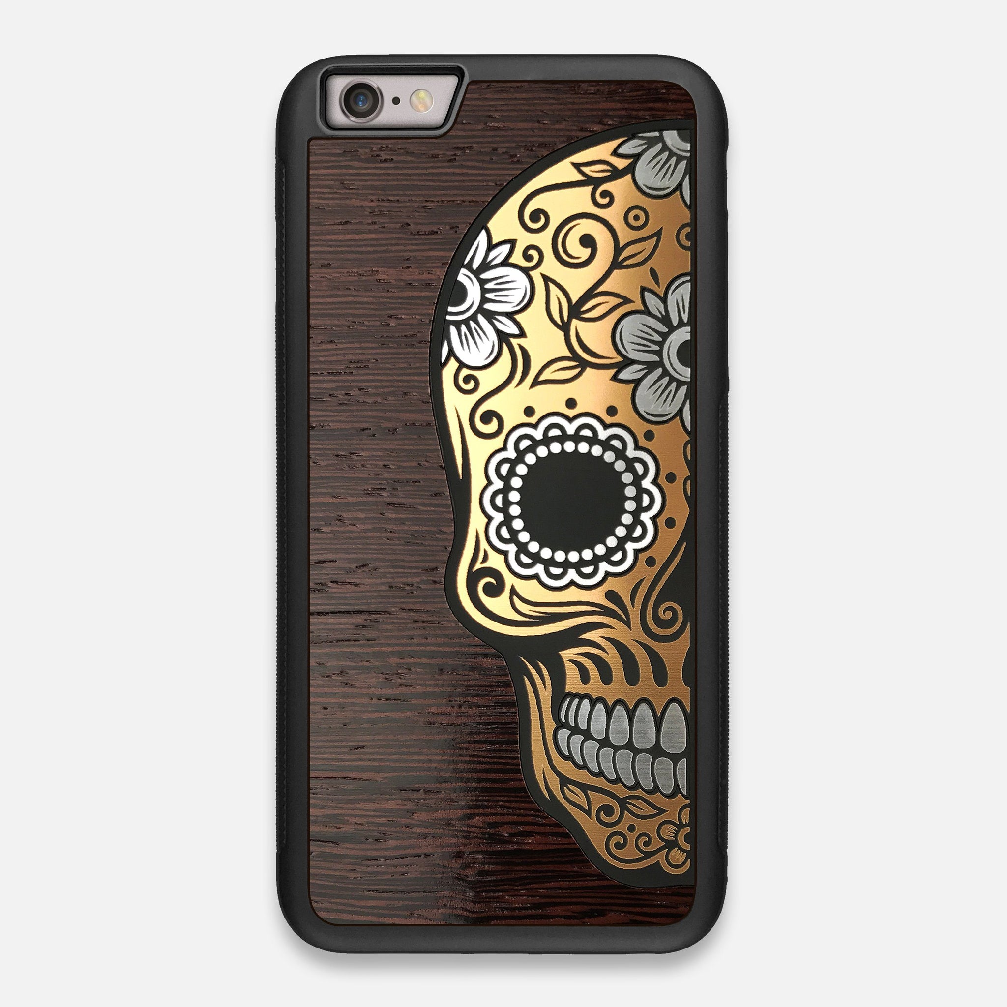 Front view of the Calavera Wood Sugar Skull Wood iPhone 6 Plus Case by Keyway Designs