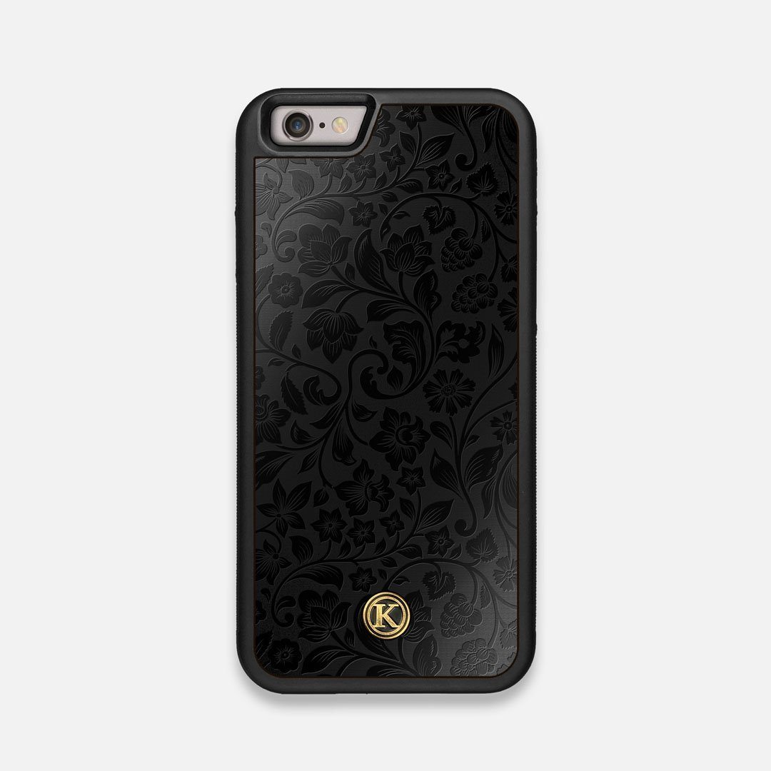 Front view of the highly detailed midnight floral engraving on matte black impact acrylic iPhone 6 Case by Keyway Designs