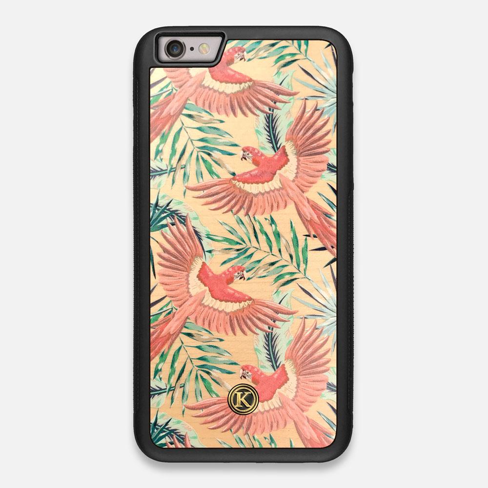 Front view of the Paradise Macaw and Tropical Leaf printed Maple Wood iPhone 6 Plus Case by Keyway Designs