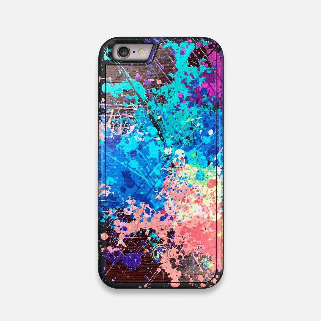 Front view of the realistic paint splatter 'Chroma' printed Wenge Wood iPhone 6 Case by Keyway Designs