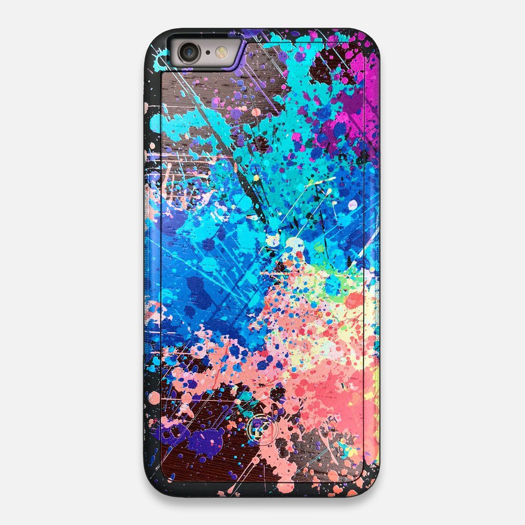 Front view of the realistic paint splatter 'Chroma' printed Wenge Wood iPhone 6 Plus Case by Keyway Designs