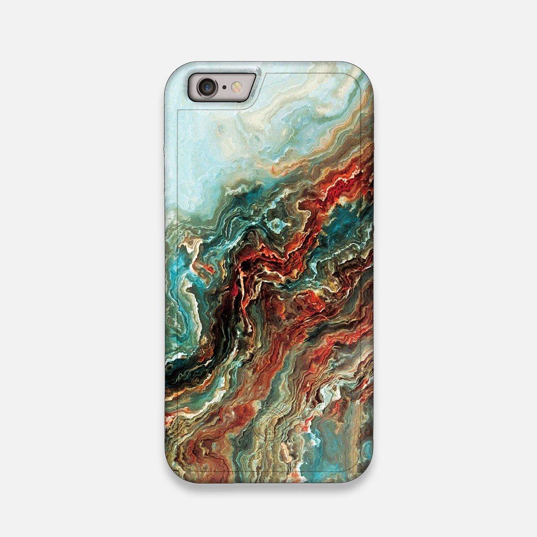Front view of the vibrant and rich Red & Green flowing marble pattern printed Wenge Wood iPhone 6 Case by Keyway Designs