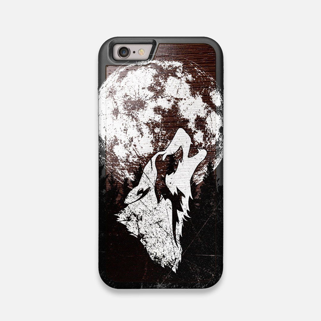 Front view of the high-contrast howling wolf on a full moon printed on a Wenge Wood iPhone 6 Case by Keyway Designs